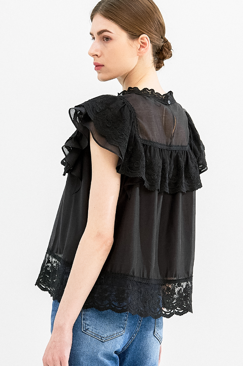 [Pre Order] Lace Ruffle High Neck Blouse