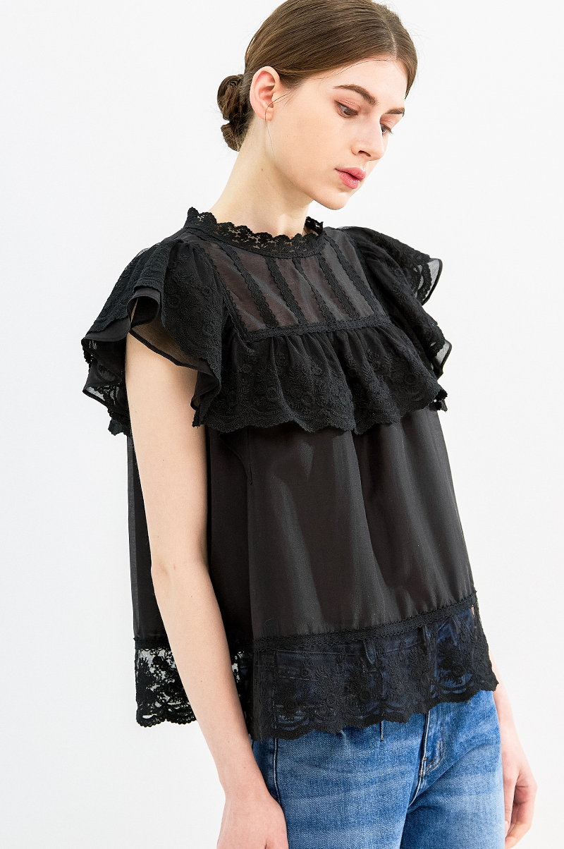 [Pre Order] Lace Ruffle High Neck Blouse