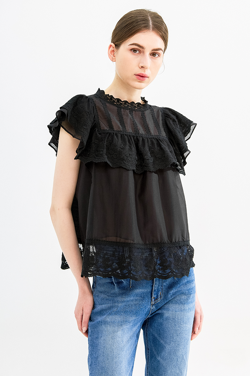 [Pre Order] Lace Ruffle High Neck Blouse