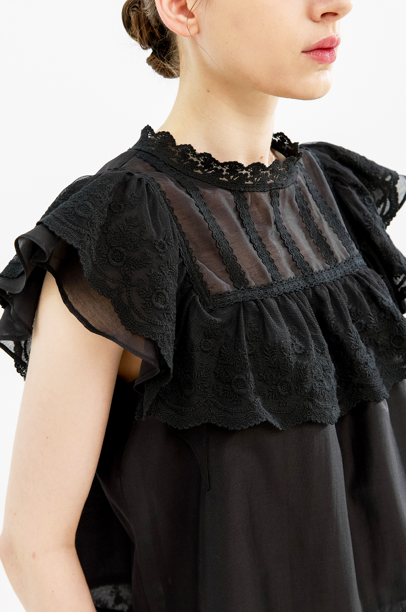 [Pre Order] Lace Ruffle High Neck Blouse