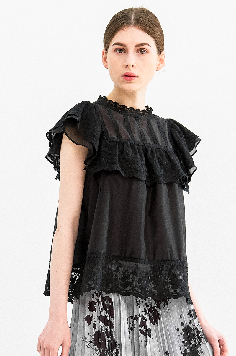 [Pre Order] Lace Ruffle High Neck Blouse